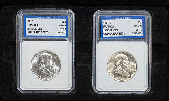 IGS 1957 & 1957-D Franklin Half Dollar MS65 (2 coin set)