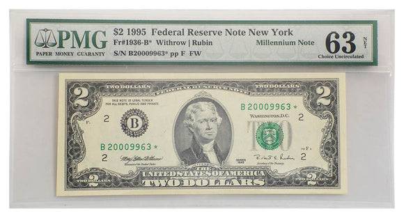 $2 1995 PMG graded Federal Reserve Star Note Unc 63 net - New York