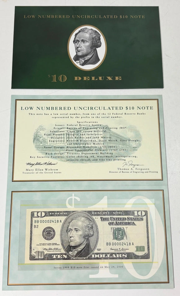 BEP 1999 $10 Low Numbered Uncirculated Note