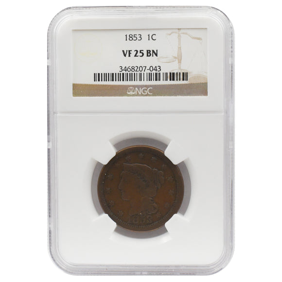 1853 Braided Hair Large Cent VF25 BN NGC