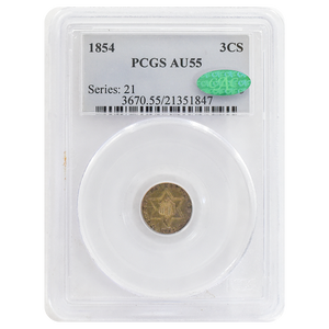 1854 3 Cent Piece AU55 PCGS Green CAC Sticker