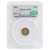 1854 3 Cent Piece AU55 PCGS Green CAC Sticker