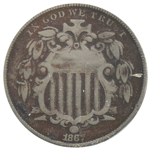 1867 Shield Nickel No Rays (VG) "Dark"