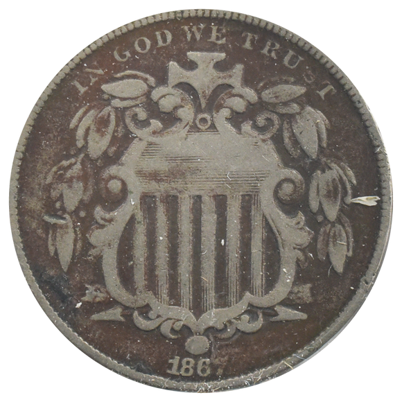 1867 Shield Nickel No Rays (VG) 