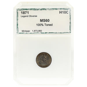 1871 MS60 Toned Seated Liberty Dime PCI