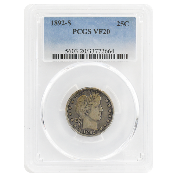 1892-S Barber Quarter VF20 PCGS