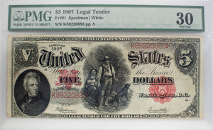 PMG 1907 $5 FR 91 Legal Tender "Woodchopper" VF 30