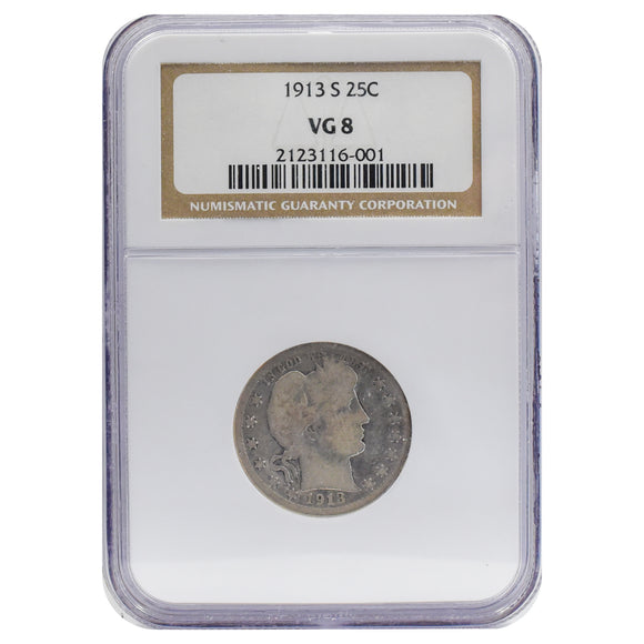 1913-S VG8 Barber Quarter NGC