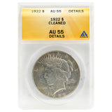 1922 AU55 Peace Dollar Cleaned, Details ANACS