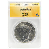 1922 AU58 Peace Dollar Spot Tooled, Details ANACS