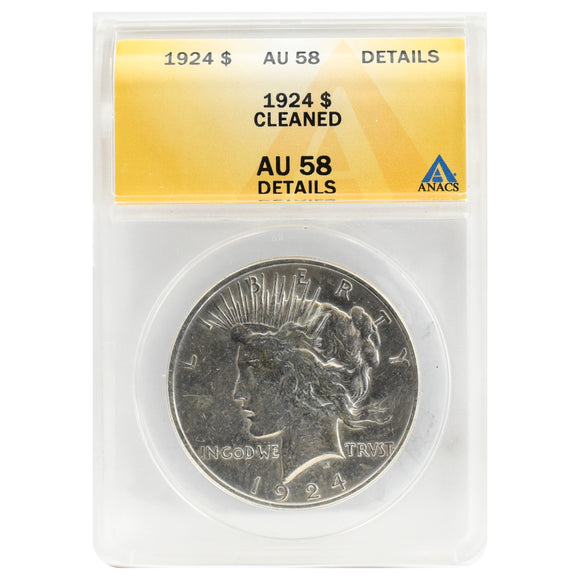 1924 AU58 Peace Dollar Cleaned, Details ANACS