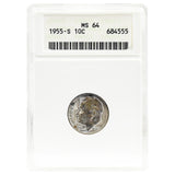 1955-S MS64 Roosevelt Dime ANACS