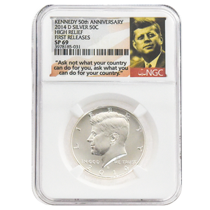 2014-D Silver Kennedy Half Dollar, SP69 NGC 50th Anniversary Flag Label (High Relief, First Release)