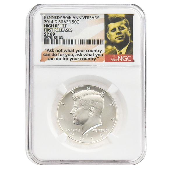 2014-D Silver Kennedy Half Dollar, SP69 NGC 50th Anniversary Flag Label (High Relief, First Release)