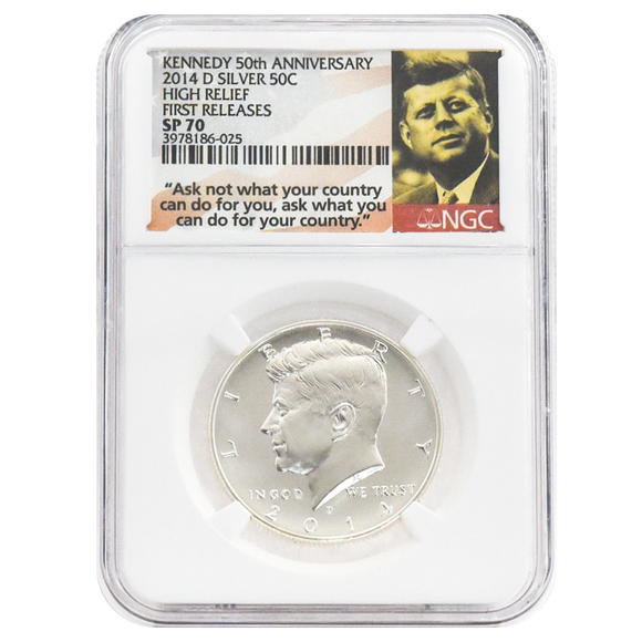 2014-D Silver Kennedy Half Dollar, SP70 NGC 50th Anniversary Flag Label (High Relief, First Release)