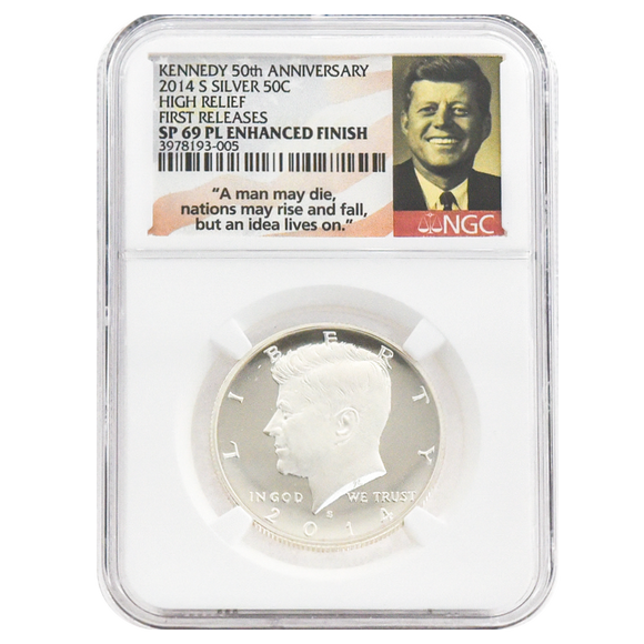 2014-S Silver Kennedy Half Dollar, SP69 PL Enhanced Finish NGC 50th Anniversary Flag Label (High Relief, First Release)