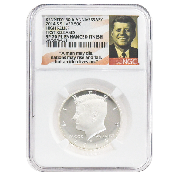 2014-S Silver Kennedy Half Dollar, SP70 PL Enhanced Finish NGC 50th Anniversary Flag Label (High Relief, First Release)