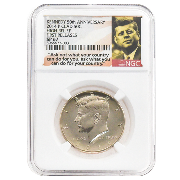 2014 Clad Kennedy Half Dollar, SP67, NGC 50th Anniversary Flag Label