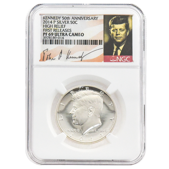2014 Silver Kennedy Half Dollar, PF69 Ultra Cameo, NGC 50th Anniversary Flag Label