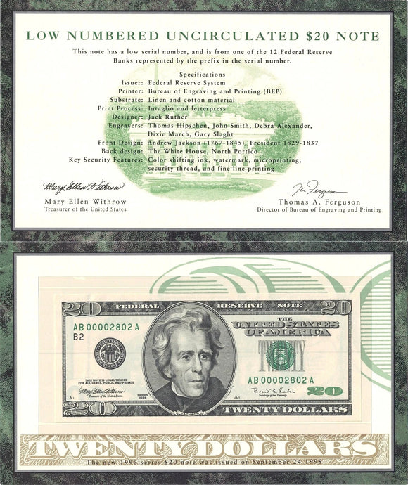 BEP 1996 $20 Low Numbered Uncirculated Note