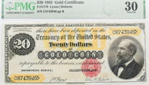 PMG 1882 $20 Gold Certificate FR1178 Lyons/Roberts VF30 Net (Minor Repairs)