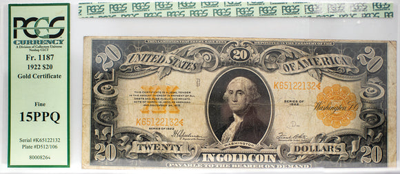 PCGS 1922 $10 Gold Certificate FR 1173 Speelman/White  F15