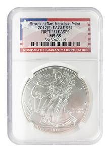 NGC 2012 S Silver Eagle "Flag Label" MS69 First Release