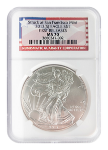 NGC 2012 S Silver Eagle "Flag Label" MS70 First Release