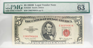 PMG 1953-B $5 Legal Tender Unc63 EPQ