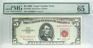 PMG 1963 $5 Legal Tender Unc65 EPQ