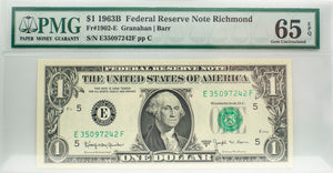 PMG 1963-B $1 Federal Reserve Note Richmond Unc65 EPQ