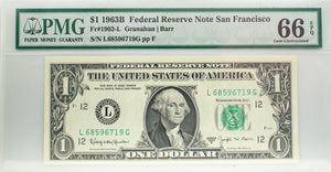 PMG 1963-L $1 Federal Reserve Note San Francisco Unc66 EPQ