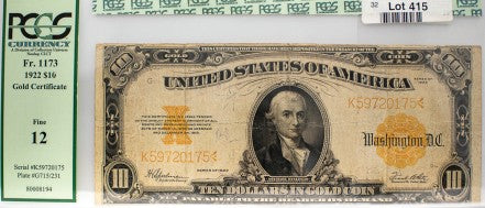 PCGS 1922 $10 Gold Certificate FR1173 Speelman/White  F12