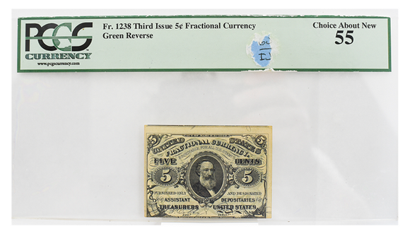 5¢ AU55 Fractional/3rd Issue FR1238 PCGS - label damage
