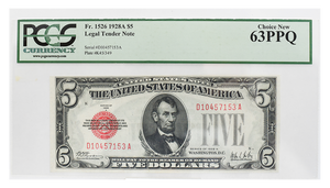 1928A $5 CU63 PPQ  Legal Tender FR1526 PCGS