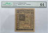 PMG Delaware Colonial Note 5 Shillings CU 64