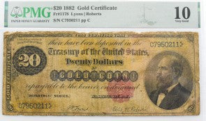 PMG 1882 $20 Gold Certificate FR1178 Lyons/Roberts VG10