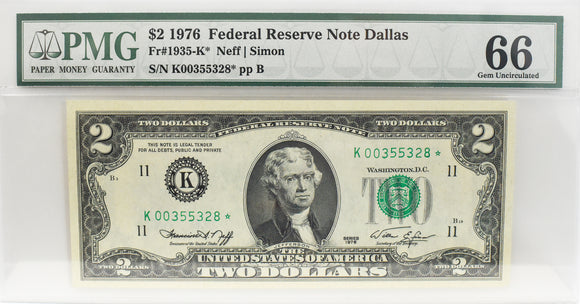 1976 $2 Dallas Star Note PMG CU66 FR 1935-H*