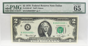 1976 $2 Dallas Star Note PMG CU65 EPQ FR 1935-H*