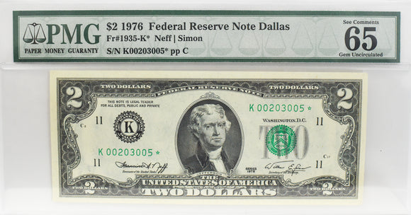 1976 $2 Dallas Star Note PMG CU65 EPQ FR 1935-K*