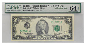 $2 1995 PMG graded Federal Reserve Star Note Unc 64 net - New York