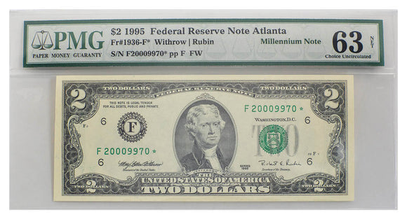 $2 1995 PMG graded Federal Reserve Star Note choice uncirculated 63 net-Atlanta
