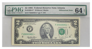 $2 1995 PMG graded Federal Reserve Star Note choice uncirculated 64 net-Atlanta