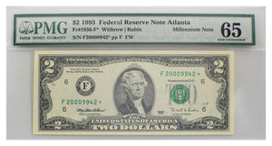 $2 1995 PMG graded Federal Reserve Star Note GEM uncirculated 65 -Atlanta