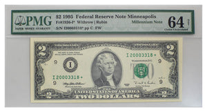 $2 1995 PMG graded Federal Reserve Star Note choice uncirculated 64 net-Minneapolis