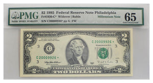 $2 1995 PMG graded Federal Reserve Star Note GEM uncirculated 65 - Philadelphia