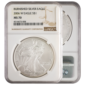 2006-W Burnished Silver Eagle "Brown Label" MS70 NGC