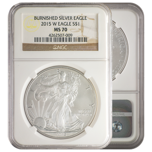 2015-W Burnished Silver Eagle "Brown Label" MS70 NGC