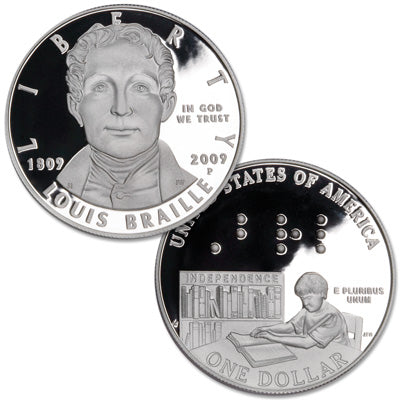 2009 Louis Braille Bicentennial Silver Proof Dollar OGP