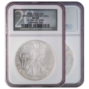 2002 Silver Eagle MS69 "20th Anniversary Label" NGC